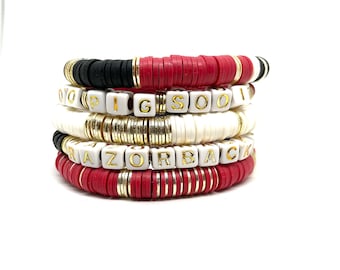 Heishi Spirit Stack RAZORBACKS Bracelets/ARKANSAS 8mmHeishi Bracelet/Gold Bracelets/Soft African Vinyl Woo Pig Bracelets/Boho Chic/ Bracelet