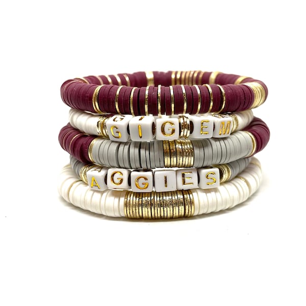 Heishi Spirit Stack AGGIE Bracelets/8mmHeishi Bracelet Maroon/Gold Bracelets/Soft African Vinyl Aggie Bracelets/Boho Chic/Layering Bracelets