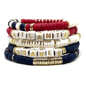 Atlanta Braves Heishi Clay Stack Bracelet with Gold/6mm Stack Soft African Vinyl Bracelets/Heishi Vinyl Bracelets/BRAVES
