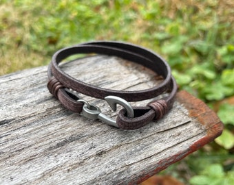 Men's Brown Leather Fish Hook Bracelet, Antique Silver Clasp