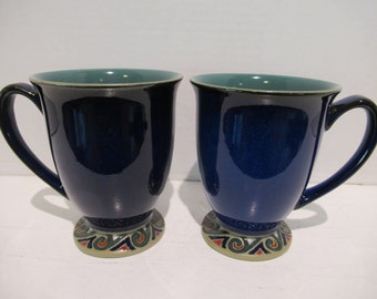 Denby Batik Mugs (Set of 2): Handcrafted Stoneware, Navy & Green