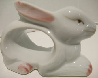 7 Ceramic Bunny Napkin Rings (Set of 7)  Hand-Painted Vintage