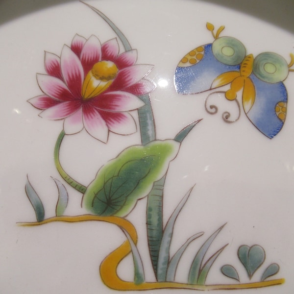 Louis Lourioux Le Faune 7.5” Souffle Dish France Water Lillies Butterfly, Vintage Souffle Dish France