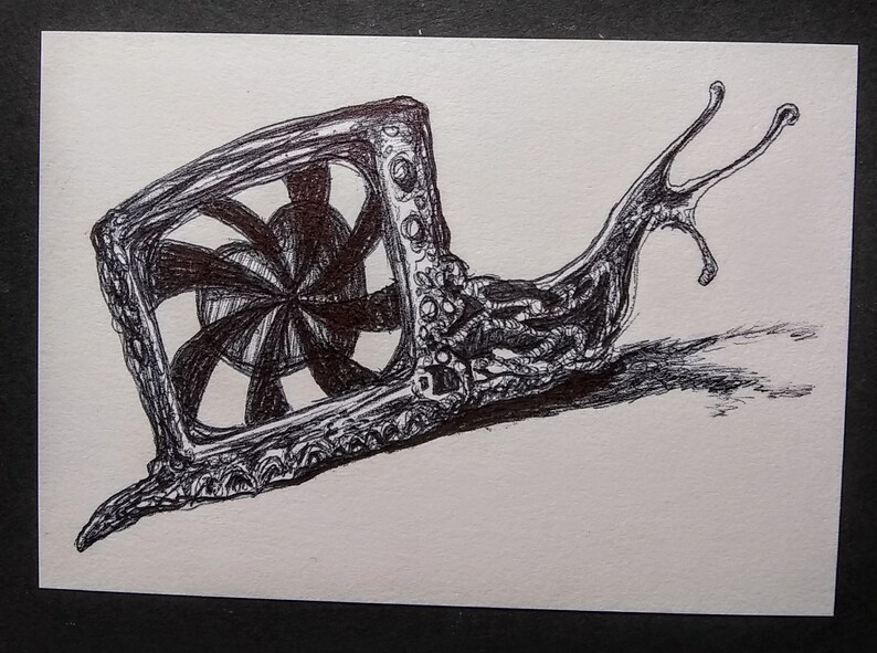 Snail Artist Sketch Card wildlife sketch card ATC Inkwork 2.5 x 3.5 Old School Snail Tube TV drawing art
