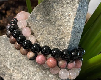 Self-Love Ritual Bracelet Stack | Rose Quartz, Rhodonite, Obsidian Trio