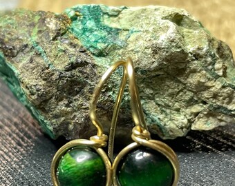 Drop Earrings, Green Tigers Eye, Crystal Dangle Earrings, wire Wrapped, Gold Tone Brass