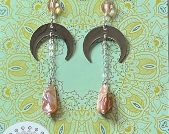 Pink Baroque Pearl Dangle Earrings: Bohemian Gemstone Jewelry