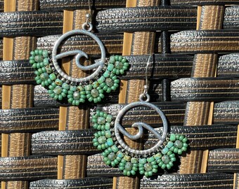 Floral Beaded Drop Earrings: Green Turquoise Boho Style