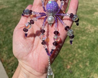 Purple Crystal Spider Suncatcher, Handmade Beaded Window Guardian, Purple & Clear Glass Beads, Whimsical Garden Decor, Spider Lover Gift