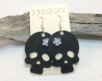 Leather Skull Earrings: Black Sugar Skull, Dia de Muertos