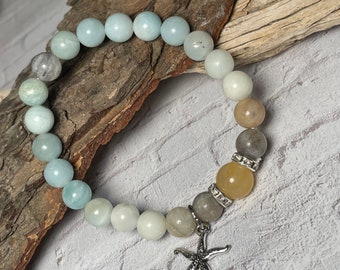 Amazonite Gemstone Bracelet: Yellow Jade, Starfish Charm