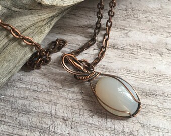 Boho Opalite Necklace: Copper Wire Wrapped Crystal Pendant