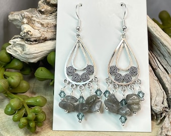 Labradorite Chandelier Earrings: Wire Wrapped Boho Crystal