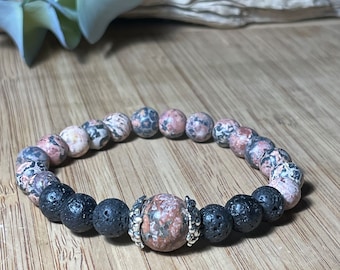 Rhodonite & Lava Stone Bracelet: Essential Oil Diffuser, Stretch Crystal Jewelry