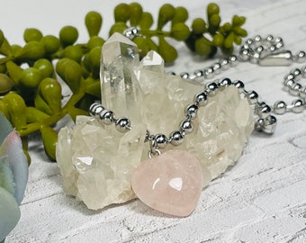 Rose Quartz Heart Pendant Necklace, Boho Healing Crystal