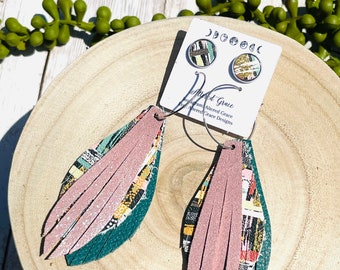 Handmade Leather Feather Earrings: Pink Metallic Shimmer, Teal Geometric Print, Bonus Studs
