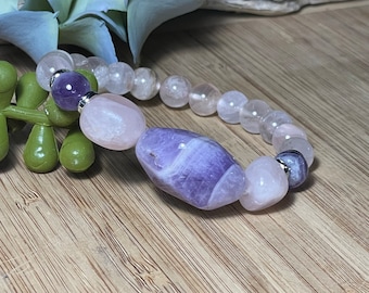 Amethyst & Rose Quartz Gemstone Bracelet - Crystal Stretch Bracelet