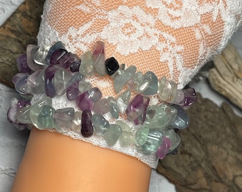 Rainbow Fluorite Chip Bracelet Set: Healing Crystal Jewelry