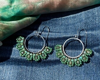 Boho Beaded Dangle Earrings: Green Turquoise Floral Drop Earrings