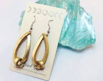 Metallic Gold Leather Knot Earrings: Handmade Dangle Earrings