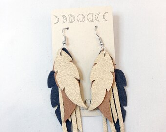 Neutral Leather Feather Earrings, Boho Chic, Large Dangle