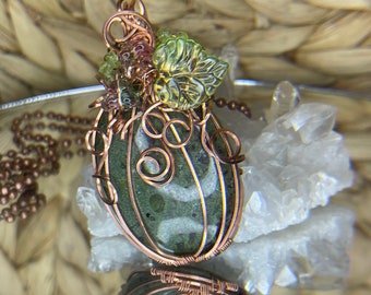 Ruby Zoisite Pendant, Copper Wire Wrapped Necklace, Glass Flowers