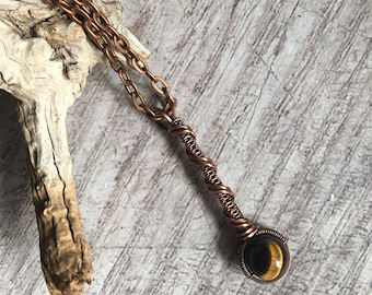 Tiger's Eye Copper Weaved Pendant Necklace, Witchy Jewelry