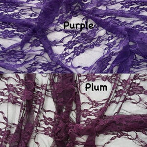 May include: A split-view image showing two variations of floral lace fabric. The top section displays a bright purple lace with the text "Purple" overlaid. The bottom section displays a deep plum lace with the text "Plum" overlaid.