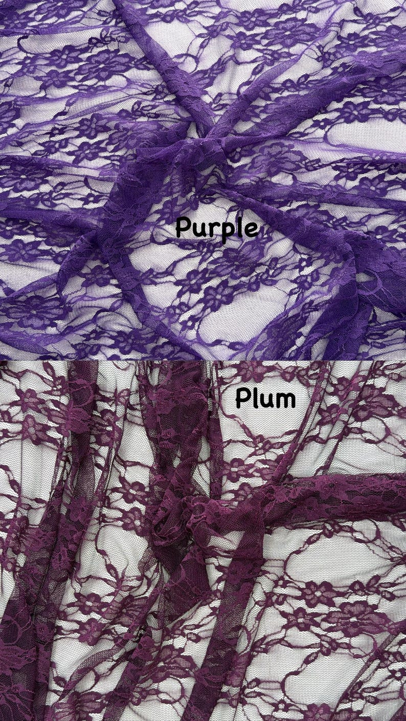 May include: A split-view image showing two variations of floral lace fabric. The top section displays a bright purple lace with the text "Purple" overlaid. The bottom section displays a deep plum lace with the text "Plum" overlaid.