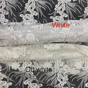 NEW Mesh embroidered corded with clear shiny sequins, pure white, Sells by the yard