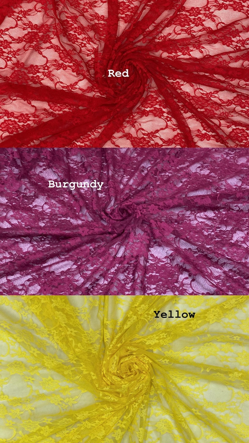 May include: Three swatches of floral lace fabric arranged in horizontal panels. The top panel is red, the middle panel is burgundy, and the bottom panel is yellow. Each section features a delicate, intricate floral pattern with openwork.