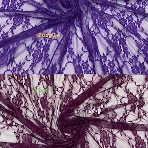 May include: Two swatches of floral lace fabric arranged in a spiral pattern. The top swatch is a bright purple color with the text "Purple" printed on it. The bottom swatch is a deep plum color with the text "Plum" printed on it.