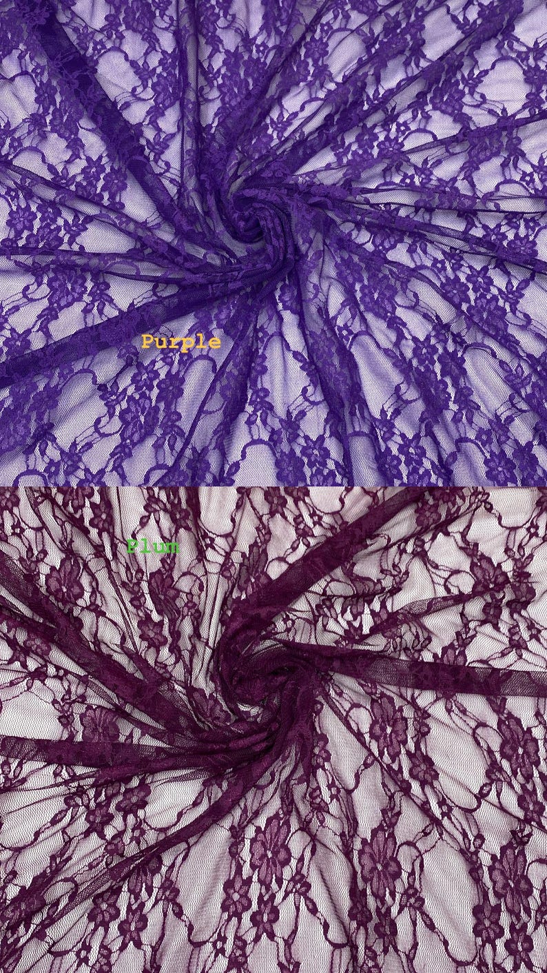May include: Two swatches of floral lace fabric arranged in a spiral pattern. The top swatch is a bright purple color with the text "Purple" printed on it. The bottom swatch is a deep plum color with the text "Plum" printed on it.