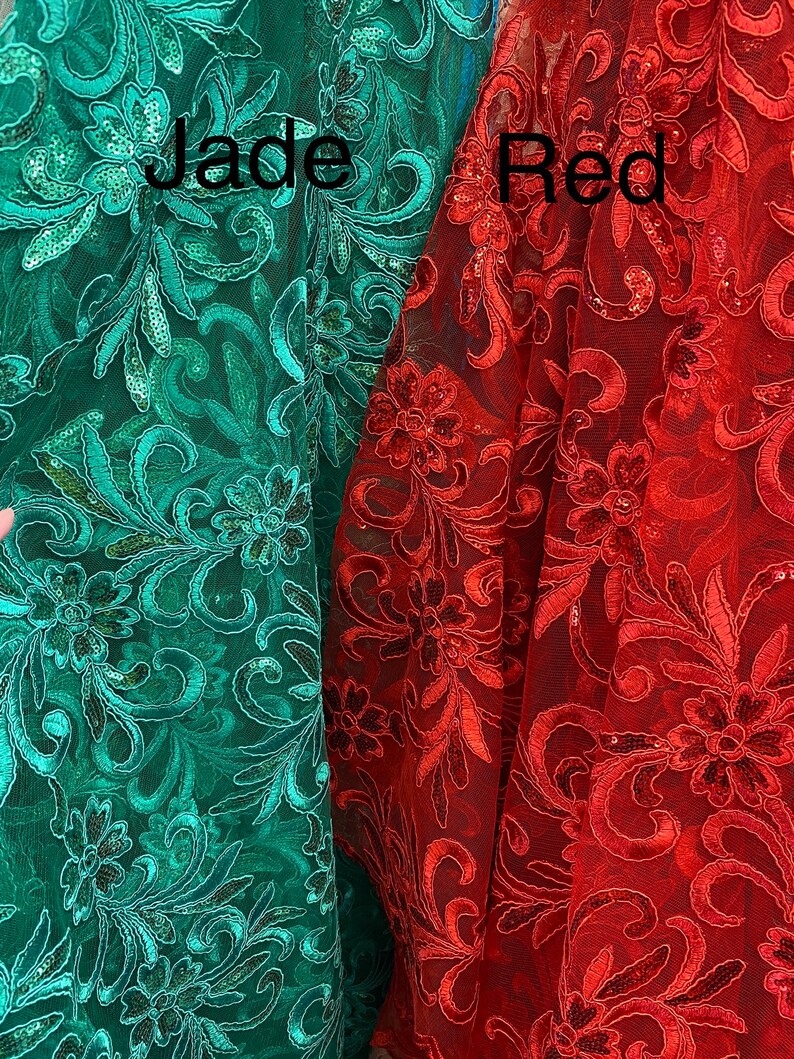 Velvet Mesh Lace with Floral Embroidery, Sequin Accents & Scalloped Edge Pattern