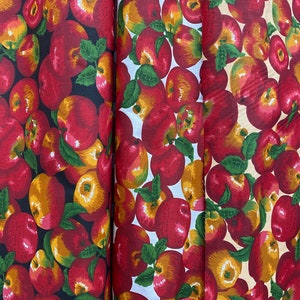 All Over Apples Poly Cotton Print, 60&quot; Wide, Sells/price by the Yard, non-stretch, 3 options each one has a Different Color Background