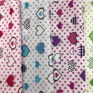 Lovely Multi Heart Shapes Poly Cotton Fabric Print, 60" Wide, Sells by the Yard, 4 Colors available.
