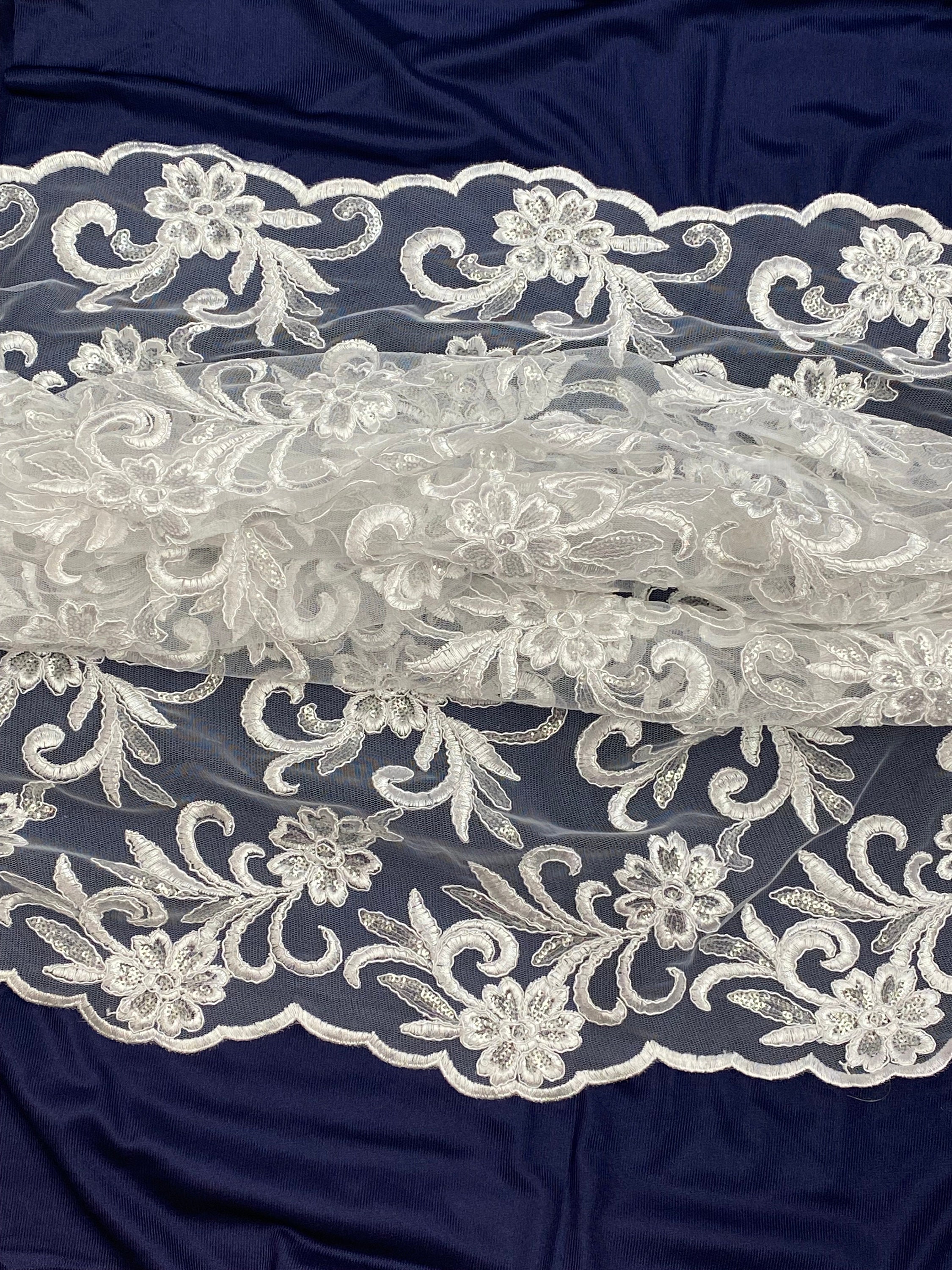 Mesh Lace Inset Floral Embroidered Mesh Lace With Sequins, Scalloped Edge, 54