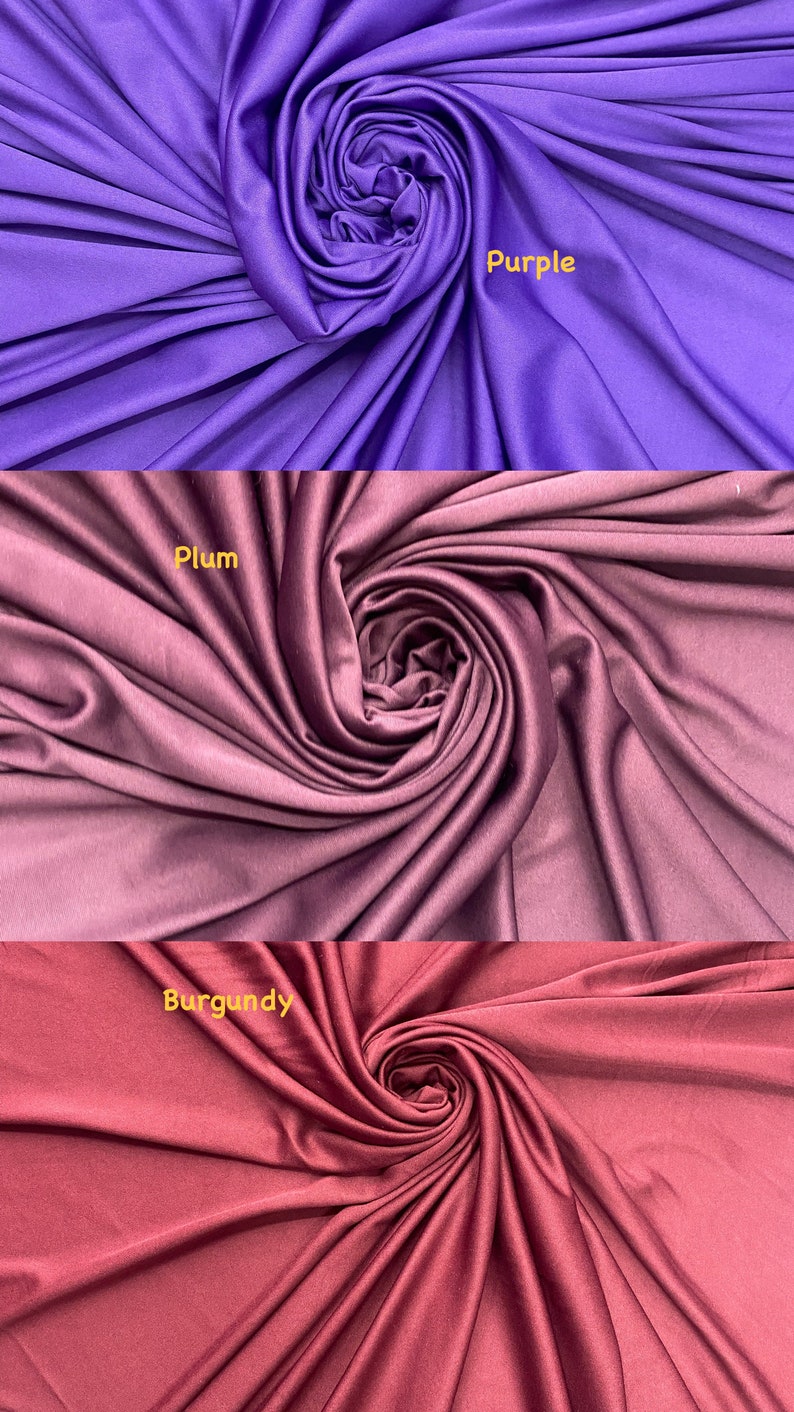 May include: Three fabric swatches in different shades of purple. The top swatch is a bright purple, labeled "Purple". The middle swatch is a deep purple, labeled "Plum". The bottom swatch is a dark red, labeled "Burgundy".