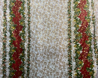 Multi Color Festive Season Poinsettias Print with Metallic Gold Stars Poly Poplin 100% Polyester, Sells by the Yard