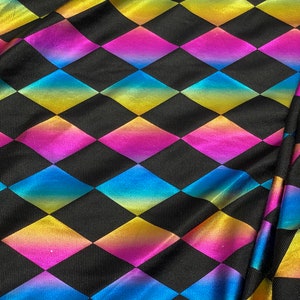 Diamond Shape Rainbow Foil Print on Black Tricot, Sells by the Yard