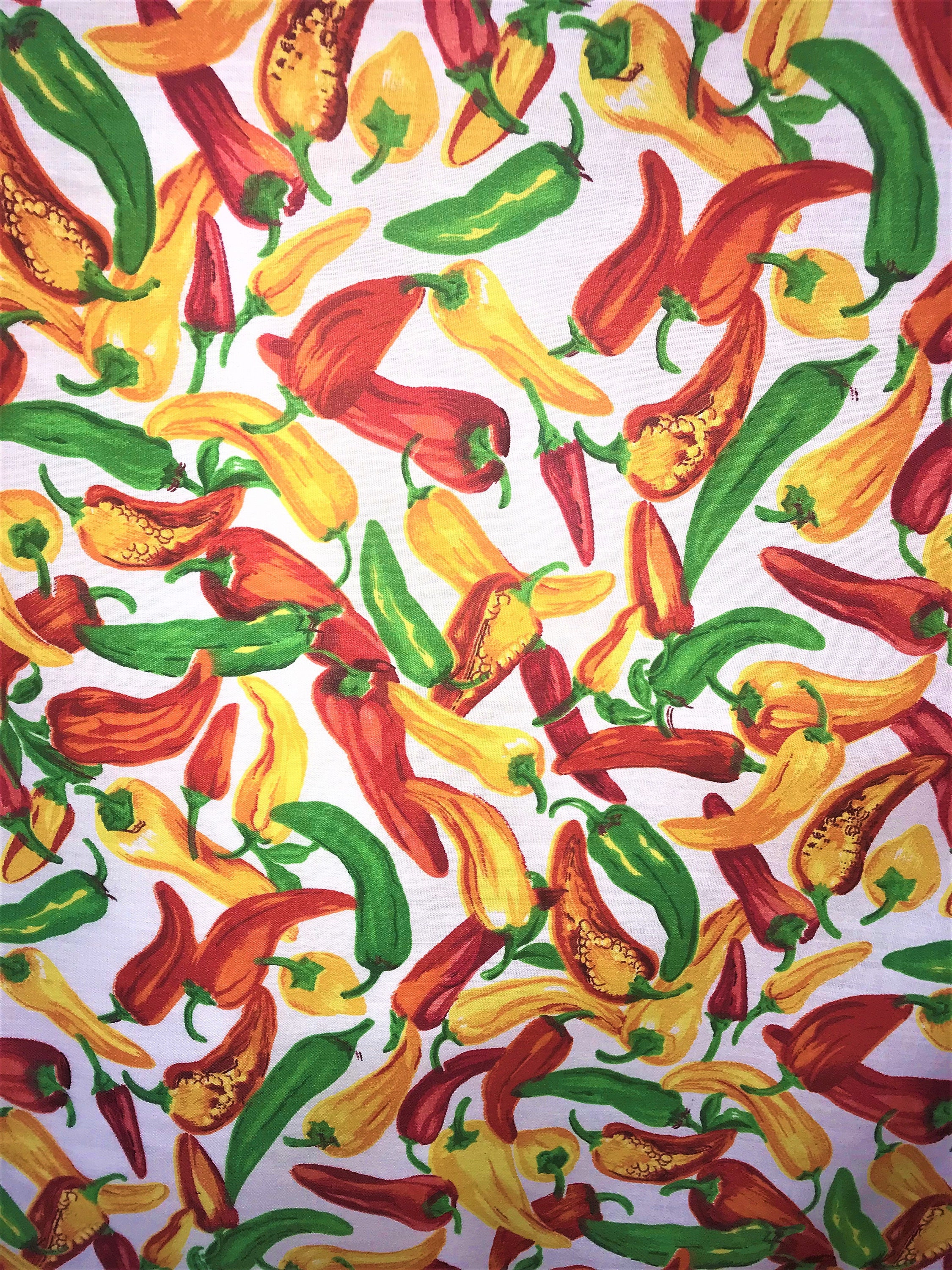 All Over Hot Peppers Chilis Poly Cotton Print, non-stretch, 60" Wide, Sells by the Yard