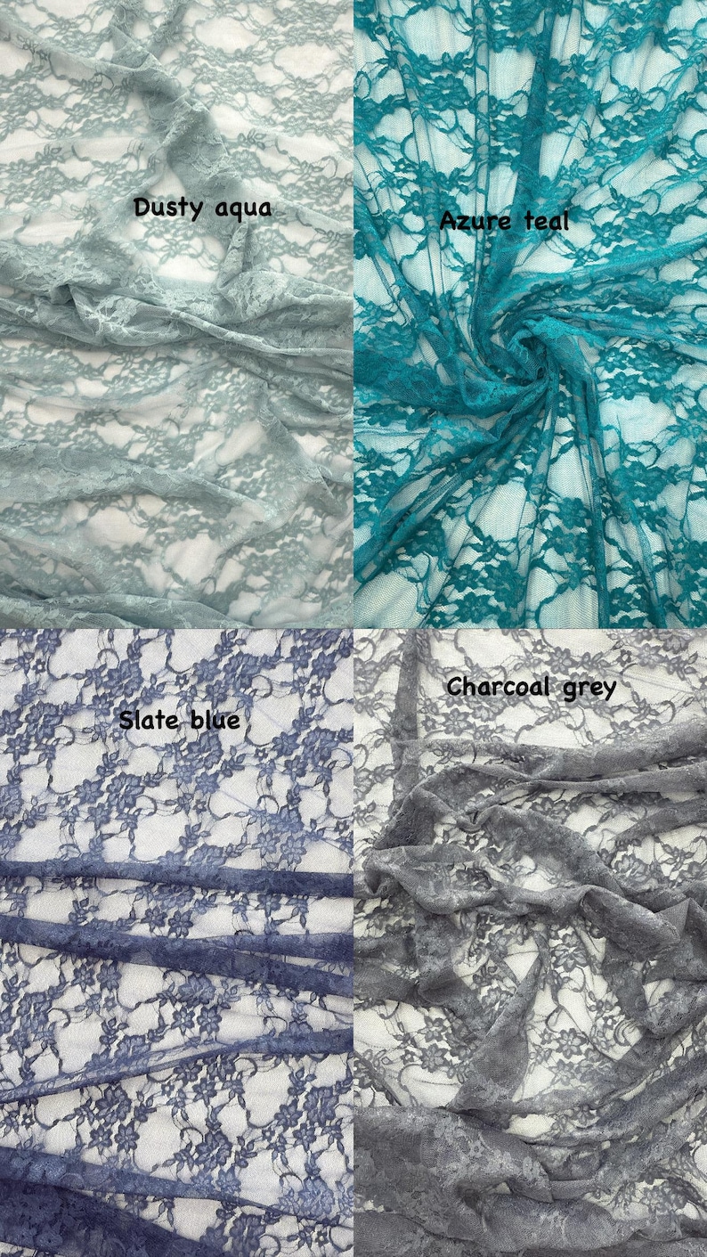 May include: A collage of four lace fabric swatches featuring floral patterns. The colors are labeled as Dusty aqua, Azure teal, Slate blue, and Charcoal grey. Each section displays the intricate, semi-sheer texture of the delicate lace material.