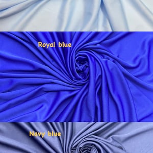 May include: Three fabric swatches in different shades of blue. The top swatch is light blue, the middle swatch is royal blue, and the bottom swatch is navy blue.