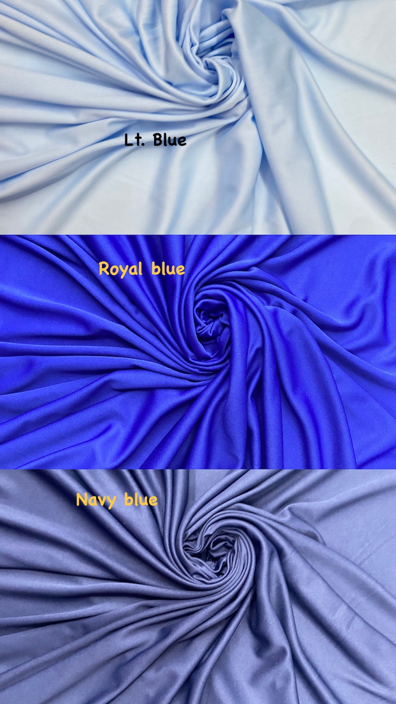 May include: Three fabric swatches in different shades of blue. The top swatch is light blue, the middle swatch is royal blue, and the bottom swatch is navy blue.
