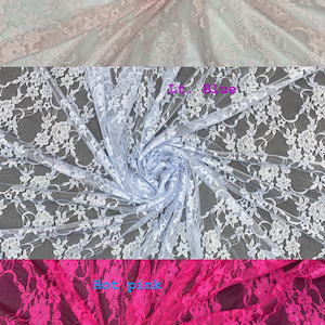 May include: Three swatches of floral lace fabric arranged in a spiral pattern. The top swatch is light pink with the text Lt. Pink, the middle is light blue with the text Lt. Blue, and the bottom is hot pink with the text Hot pink.