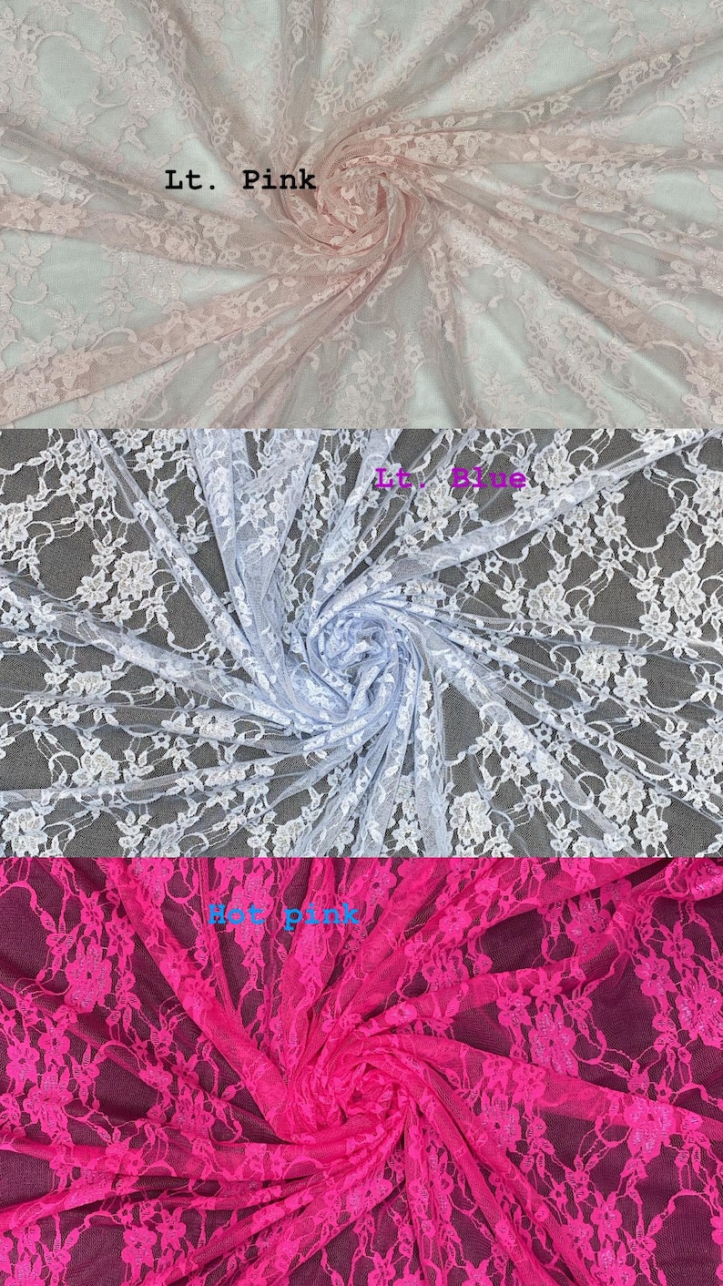 May include: Three swatches of floral lace fabric arranged in a spiral pattern. The top swatch is light pink with the text Lt. Pink, the middle is light blue with the text Lt. Blue, and the bottom is hot pink with the text Hot pink.