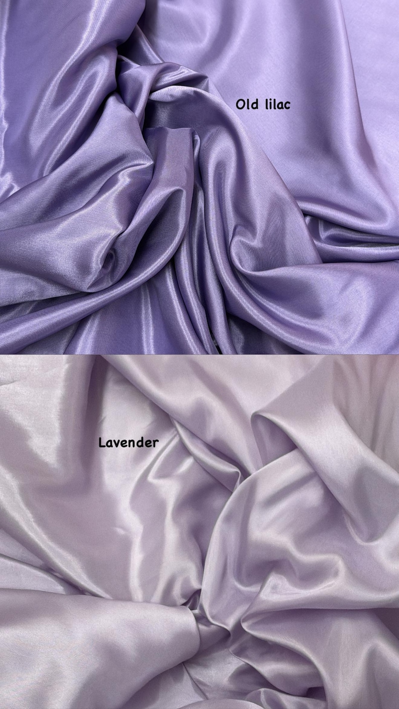 Puede incluir: Dos muestras de tela, una en lila antiguo y otra en lavanda. Las telas est&aacute;n drapeadas, mostrando pliegues y una textura brillante, similar al sat&eacute;n. El texto "Old lilac" y "Lavender" est&aacute; impreso en la tela.