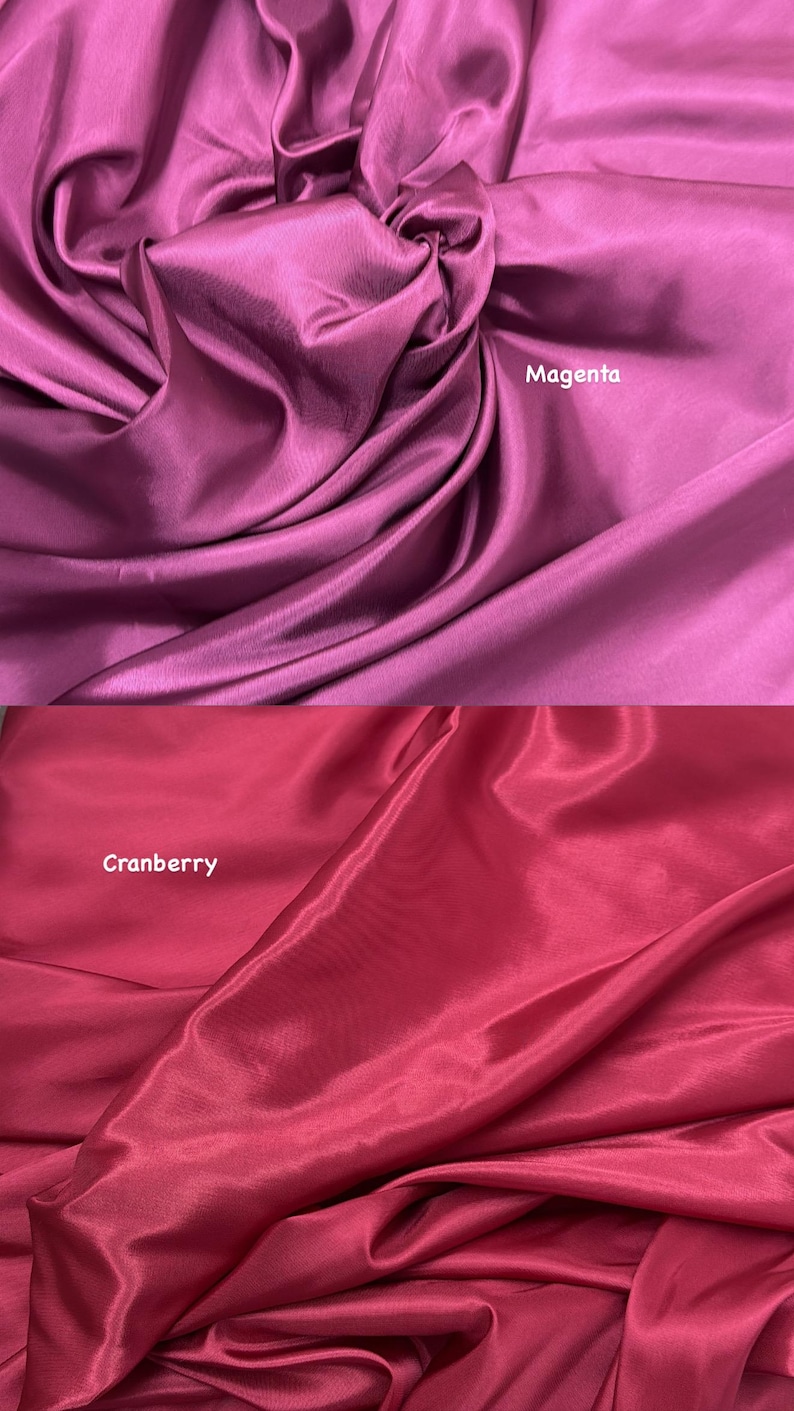 Puede incluir: Dos muestras de tela, una magenta y otra ar&aacute;ndano. La tela magenta est&aacute; en la parte superior, con la palabra "Magenta" impresa. La tela de ar&aacute;ndanos est&aacute; en la parte inferior, con la palabra "Cranberry" impresa. Ambas telas tienen un aspecto brillante, similar al sat&eacute;n.