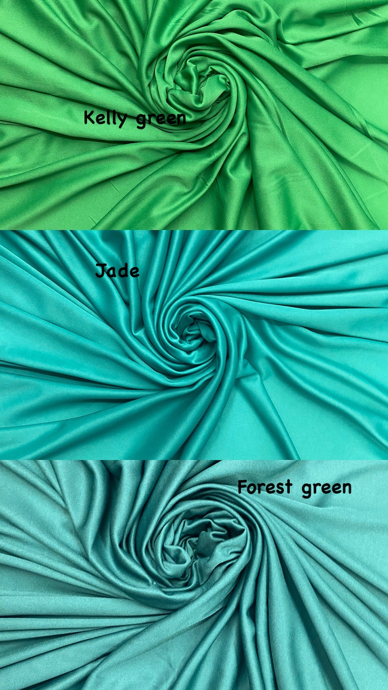 May include: Three swatches of fabric in different shades of green. The top swatch is Kelly green, the middle swatch is Jade, and the bottom swatch is Forest green.