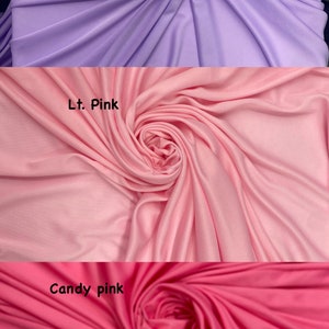 May include: Three fabric swatches in different shades of pink. The top swatch is lilac, the middle swatch is light pink, and the bottom swatch is candy pink.
